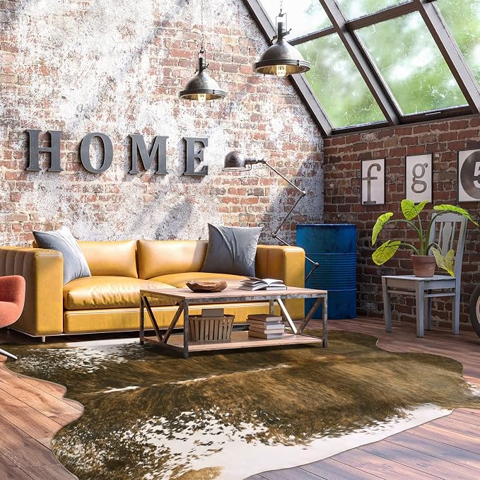 BENRON Faux Cowhide Rug, Cow Print Rug for Living Room Bedroom 4.6x5.2ft | Western cow hide rug for Cowboy Cowgirl Home Decor, Washable Rugs with Irregular Animal Skins and Hides Non Slip, Olive Green