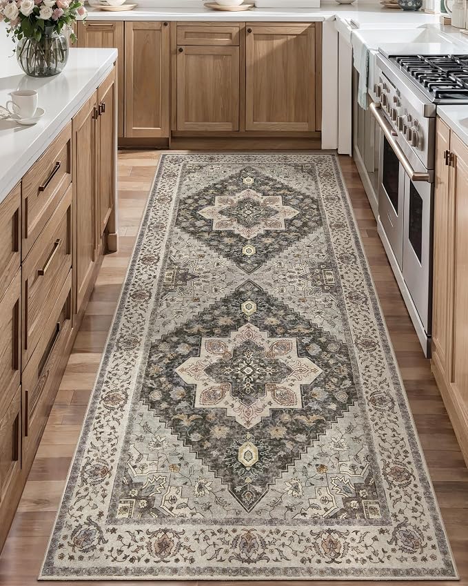 Tangsoo 2x6 Washable Runner Rugs for Hallway, Vintage Non Slip Rug Runners | Farmhouse Soft Low Pile Rug, Boho Print Carpet Runners for Kitchen Bedroom Entryway Bathroom Living Room Grey/Multi Decor