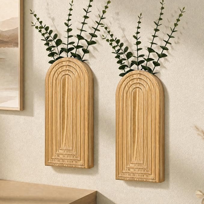 EOSAHR Pine Wall Vases Set of 2 for Boho Decor - Wall Planter for Indoor Plants & Fake Hanging Plants - Ideal Wood Vase for Living Room, Kitchen & Bedroom (Warm Yellow)