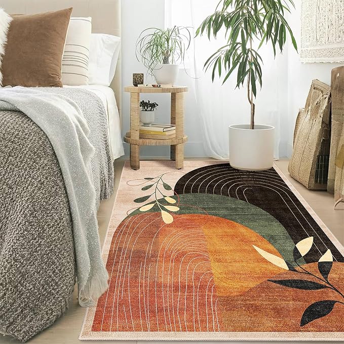 3x5 Washable Rugs Boho Area Rug Low Pile Non Slip Mid Century Modern | Small Throw Carpet for Bedroom Entryway Living Room Office Bedside Entry Indoor Boho Abstract Retro Terracotta Rust