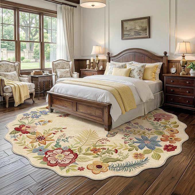 FMFUNCTEX 6ft Round Washable Beige Boho Scalloped Area Rug for Living Room | Floral Vintage Flower Colorful Traditional Soft Cream Large Non Slip Low Pile Circle Rug Neutral Dining Room Bedroom Nursery