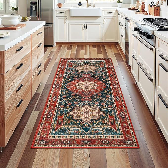 YJ.GWL 2x6 Rug Runners for Hallways, Non Slip Kitchen Washable Long Runner Rugs, Soft Floral Vintage Carpet Runner for Livingroom Bedroom Bathroom Entryway, Orange-Red