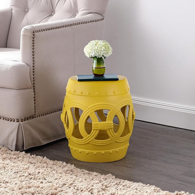 JONATHAN Y Lucky Coins 16" Ceramic Garden Stool, Contemporary Matte Yellow Cutout Interlocking Rings Drum Indoor/Outdoor Side Table and Plant Stand for Patio, Garden, Living Room TBL1022E