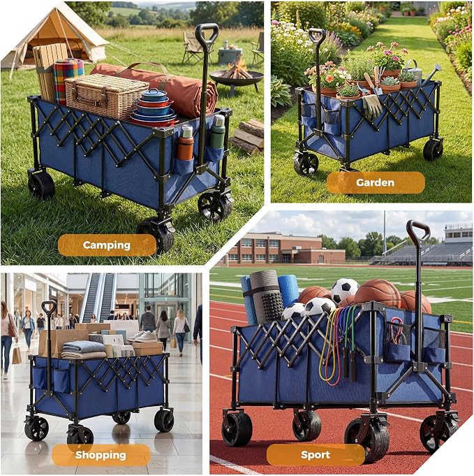 OLIXIS 49" Extra Long Folding Wagon Cart, 440LBS Heavy Duty Collapsible Wagon with Big All-Terrain Wheels, 250L Portable Outdoor Utility Cart for Shopping, Garden, Camping, Grocery, Sports - Blue