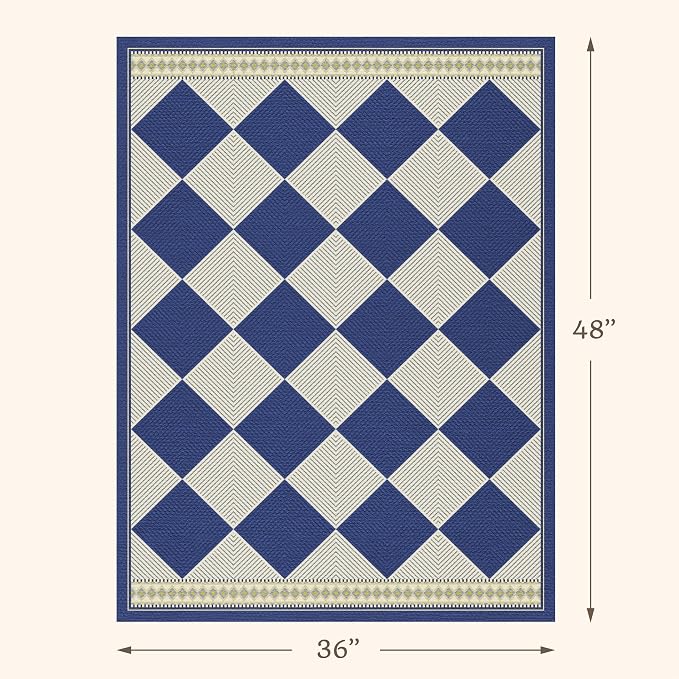 Diamond Checkered Easy Jute 3x4 Navy Blue Indoor Outdoor Rug, Washable Non Slip Boho Coastal Area Rugs for Entryway, Modern Minimalist Patio Porch Floor Mat, Kitchen Bathroom Balcony Decor