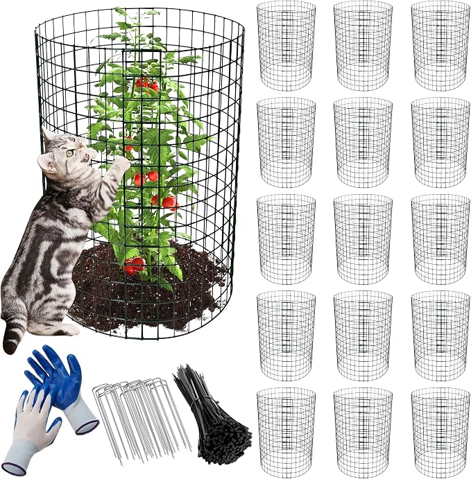 16 Pack Plant Protectors from Animals, 24"x 12" Wire Plant Protector, Wire Cages for Plants with Stakes and Cable Ties, Metal Plant Cages for Plants, Vegetables, Flowers