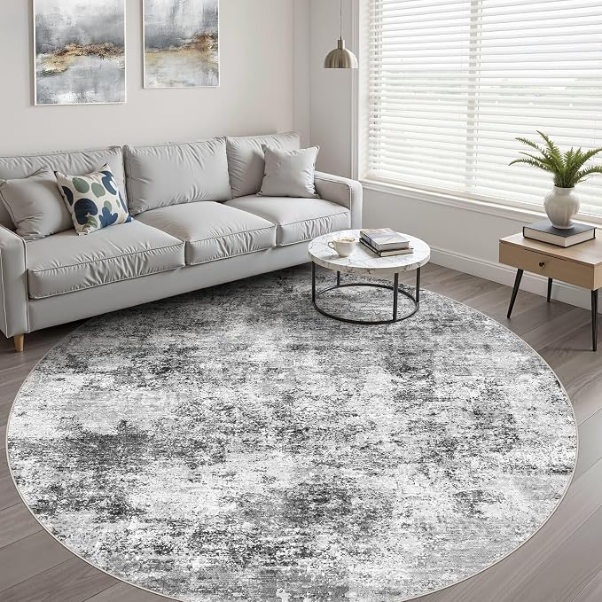 LOONGRUG Round Rug 8x8 Washable Neutral Modern Living Room Rug Black Gray | Circle Large Abstract Soft Stain Resistant Indoor Non-Slip Carpet for Bedroom Nursery Kids Office Playroom Dining Room