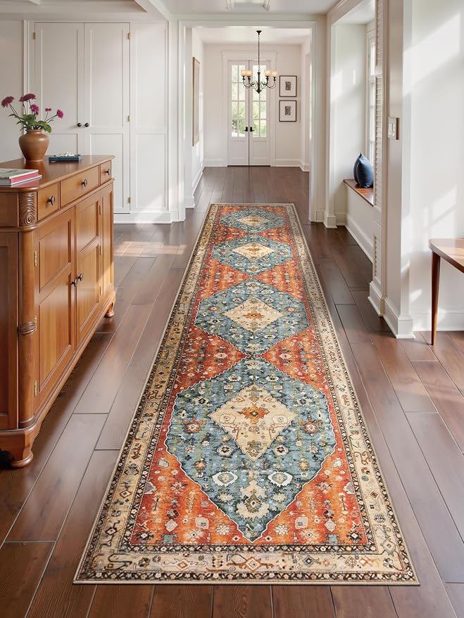 SERISSA 2'6"x12' Washable Non Slip Boho Runner Rug for Hallway | Ultra Soft Vintage Oriental Carpet Low-Pile Tribal Floor Carpet for Kitchen Bedroom Entryway Bathroom Laundry Room
