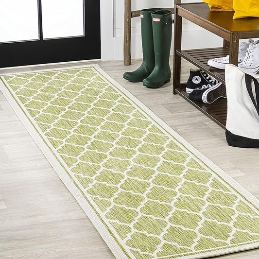 JONATHAN Y Moroccan Trellis Indoor Outdoor Runner Rug 2X8 Green/Cream, Trebol Textured Weave for Backyard, Patio, Porch, Easy-Cleaning, High Traffic, Pet-Friendly, Non-Shedding (SMB109G-28)