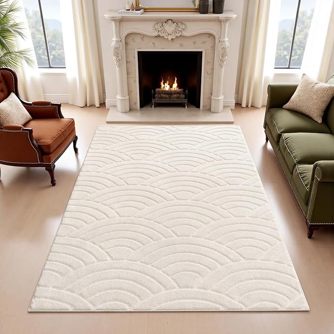SHACOS Soft Cozy Fluffy Arch Waves Pattern High-Low Textured Area Rug 3'x5' | Non Slip Washable Minimalist Modern Graphic Rainbow Carpet for Living Room Bedroom, Cream