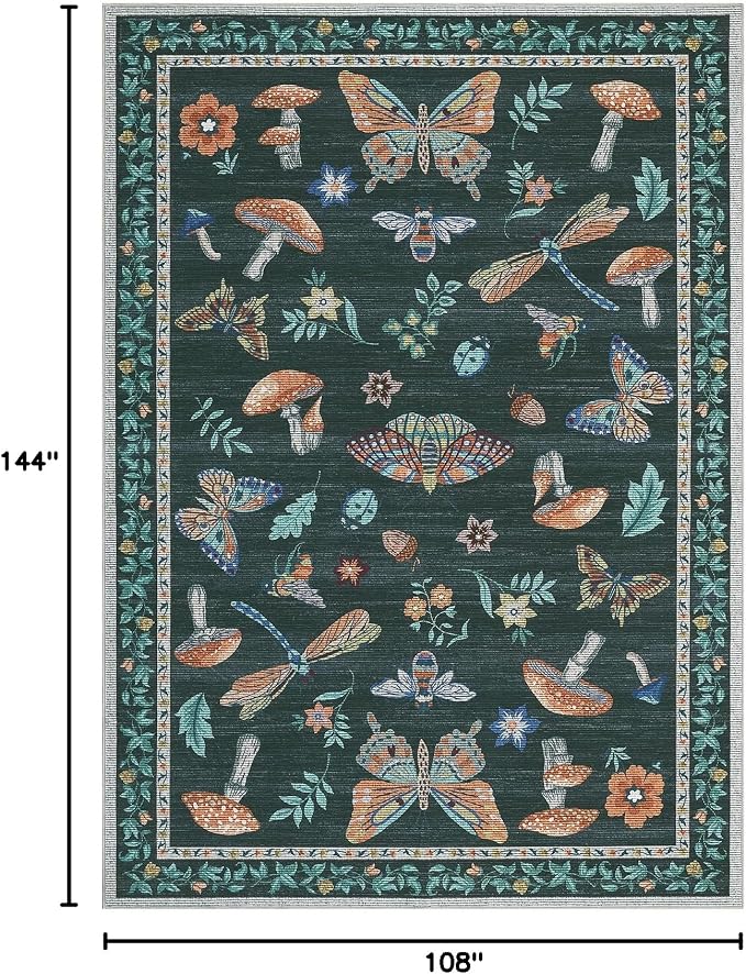 Mushroom 9x12 Rug for Living Room Non Slip Washable 9 x 12 Rug for Bedroom with Rubber Back Soft Low-Pile Stain Resistant Foldable Large Carpet for Office Nursery Dining Room Black