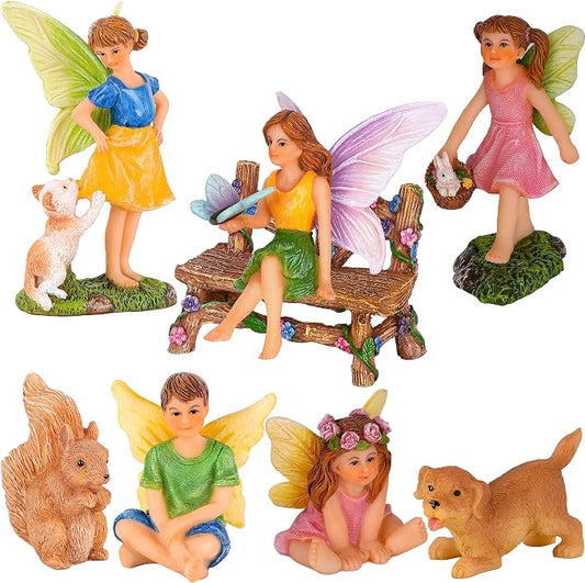 Mood Lab Fairy Garden Figurines with Animals - Miniature Decorative Statues & Accessories Set (8 pcs) - Outdoor & Indoor Garden Decor