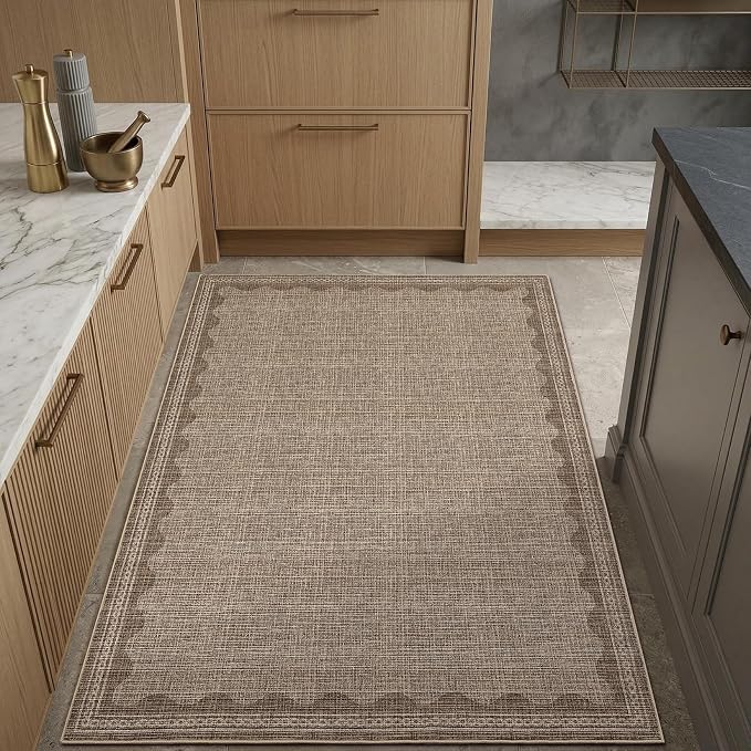 GarveeHome 4x6 Rug Non-Slip Washable Low-Pile Carpet - Scalloped Solid Coffee Modern Minimalism Rugs for Bedroom Living Room Nursery Kitchen Entryway Indoor Mat with Rubber Back