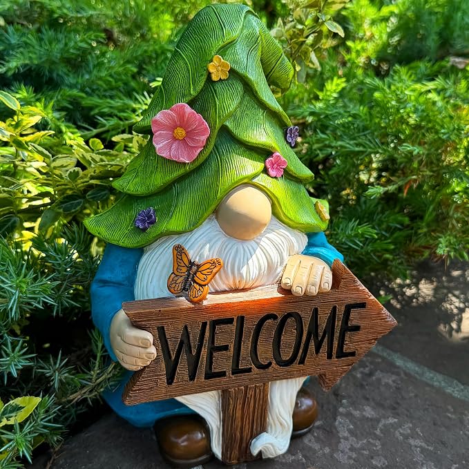 Mood Lab Garden Gnome - Solar Gnome Figurine with Welcome Sign - 9.1 Inch Decor Outdoor Lawn Statue with LED Lights