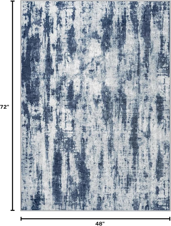 4x6 Area Rugs for Living Room: Washable Abstract Blue Grey Badroom Carpet | Non-slip TPE backing makes this washable soft low-pile rug safe & durable, Pet-friendly decor for dining room,nursery,office