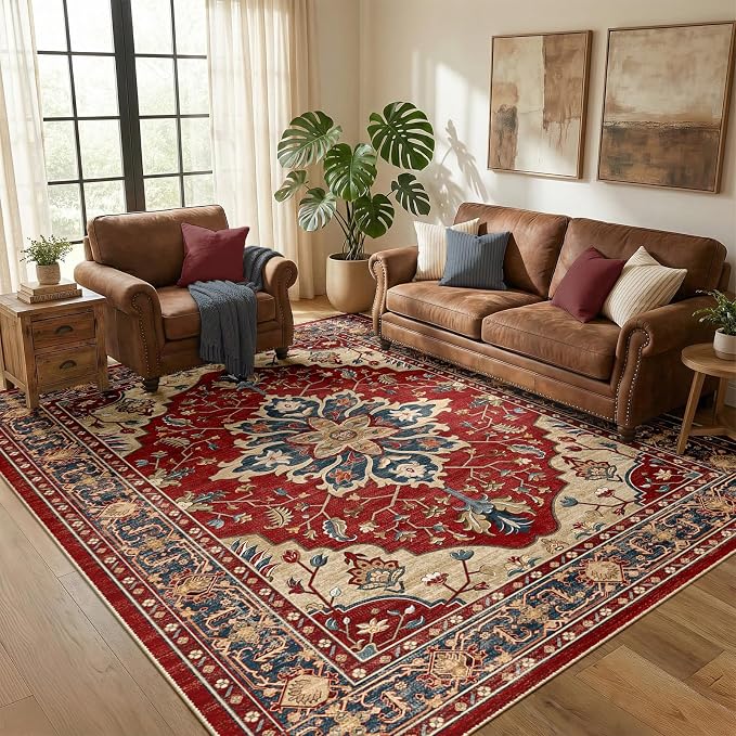 RELEANY Washable Area Rug, 5'x7', Red/Blue | Non-Slip, Water Repellent, Pet Friendly, Easy to Clean, Vintage Floral Boho Decor for Living Room Bedroom Dining Room Office