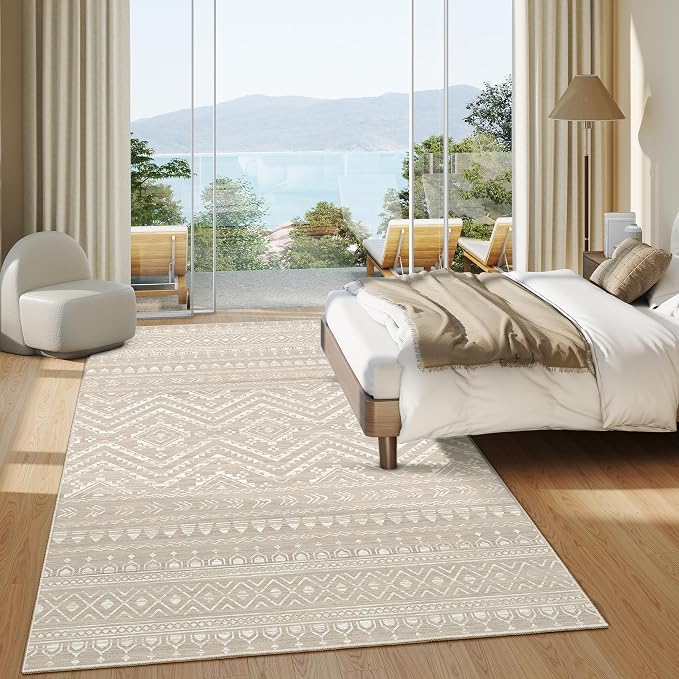 Miukiki 5x7 Washable Area Rug for Living Room, Soft Non Slip Rug Brown | Non-Slip Thin Throw Rug for Bedroom Kitchern Dining Room Office, Low Pile Indoor Floor Carpet with Vintage Pattern 5'x7'