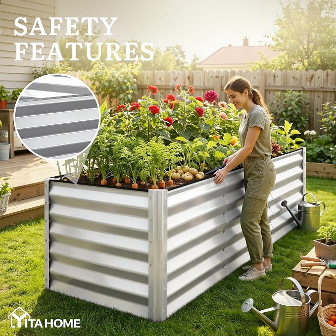 YITAHOME 8x4x3ft Galvanized Raised Garden Bed, Metal Planter Box with Safety Rubber, Gloves, Outdoor Flower Bed for Planting Plants Vegetables, Silver