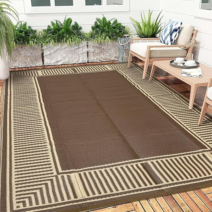 Garvee 9x12 Outdoor Rug for Patio Plastic Straw Rug Waterproof Reversible Mat Lightweight Foldable Carpet Easy Clean Large Rugs for Patio Porch Backyard Camping RV Beach Balcony Deck Border Brown