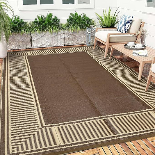 Garvee 9x12 Outdoor Rug for Patio Plastic Straw Rug Waterproof Reversible Mat Lightweight Foldable Carpet Easy Clean Large Rugs for Patio Porch Backyard Camping RV Beach Balcony Deck Border Brown