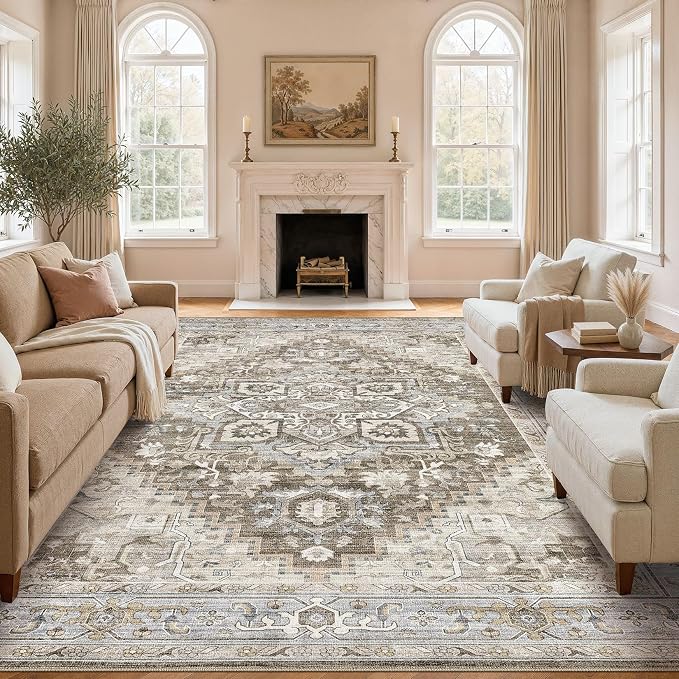 DTICON Vintage Washable 8x10 Area Rug Living Room Rugs, Brown Gray | Boho Distressed, Pet & Kid Friendly, Non-Slip Backing, Soft Polyester, Low-pile Carpet for Living Room, Bedroom, Dining Room
