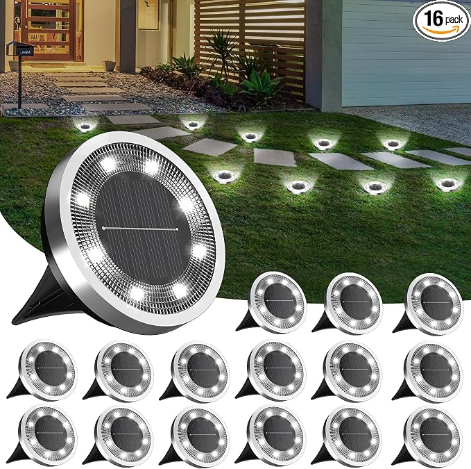 INCX Solar Ground Lights,16 Pack Solar Lights Outdoor Waterproof, Solar Garden Lights Landscape Lighting for Patio Pathway Lawn Yard Deck Driveway Walkway, Cold White