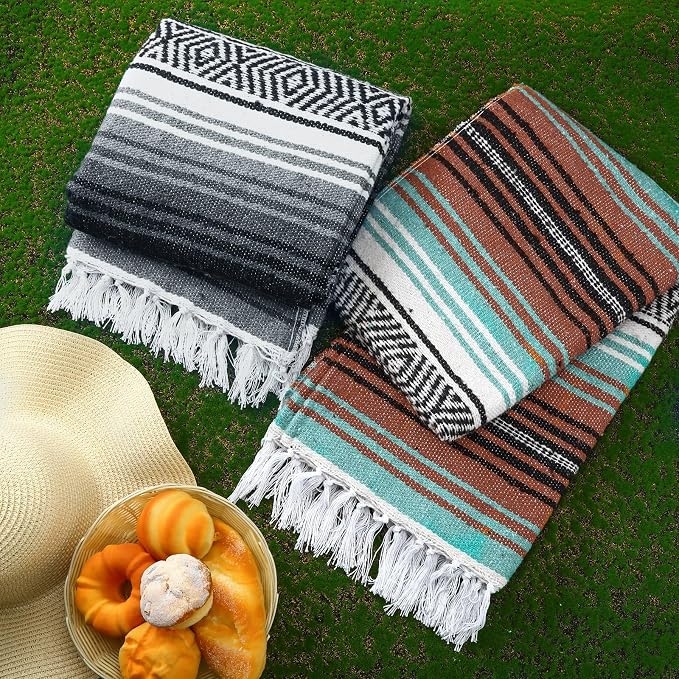 Preboun 4 Pcs Large Mexican Yoga Blanket Pack 45 x 70 Inch Thick Woven Camping Picnic Beach Car Travel Throw Blanket Outdoor Patio Mat Towel