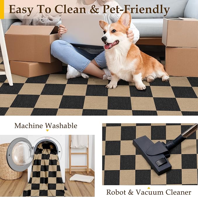 PureCozy 2x8 Checkered Easy Jute Runner Rug Kitchen Rug Non Slip Washable Outdoor Runner for Entryway Indoor, Checkerboard Black Indoor Outdoor Carpet for Hallway Porch