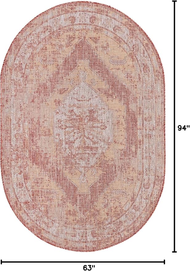 Unique Loom Outdoor Traditional Collection Area Rug - Valeria (5' 3" x 7' 10" Oval, Rust Red/ Ivory)