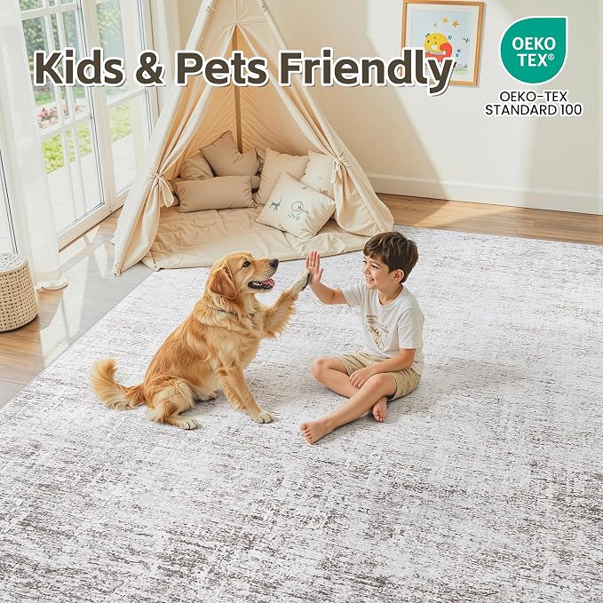 Washable 8x10 Abstract Grey White Area Rugs for Living Room | Large Modern Neutral Rugs Soft Non Slip Stain Resistant Low Pile Carpet Dining Room Bedroom Indoor Nursery Home Office