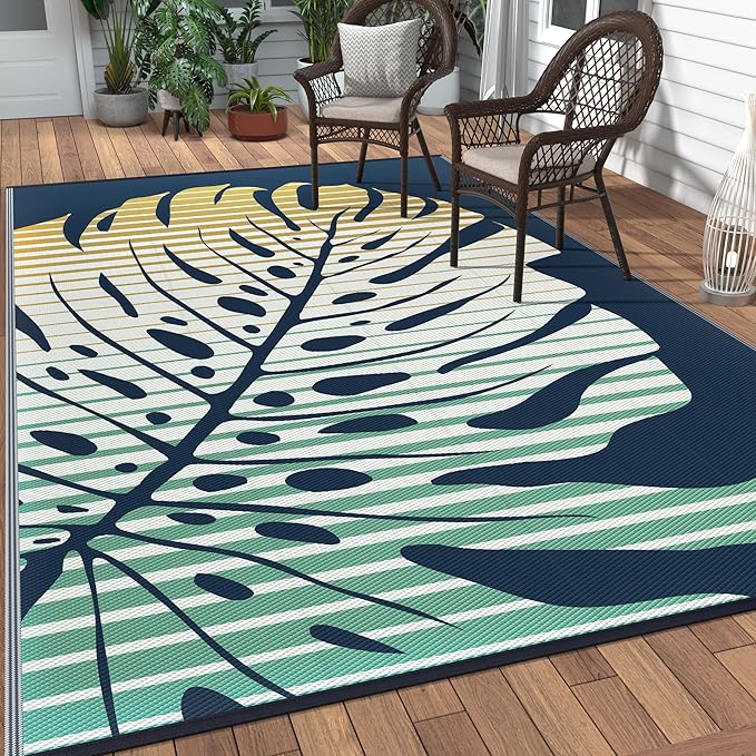 GENIMO Outdoor Rug 6' x 9' Waterproof for Patio Clearance, Reversible Plastic Straw Camping Mat, Lightweight Carpet for Rv, Camper, Deck, Porch, Picnic, Balcony, Beach,Yellow & Blue Blend