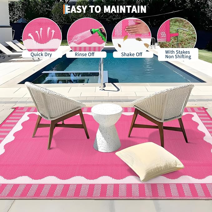 Garvee Scalloped RV Rugs for Outside 9x18 Patio Rugs Outdoor Waterproof, Modern Border UV Resistant Reversible Rug, Foldable Plastic Straw Carpet for Picnic, Backyard, Porch, Beach, Camper, Hot Pink