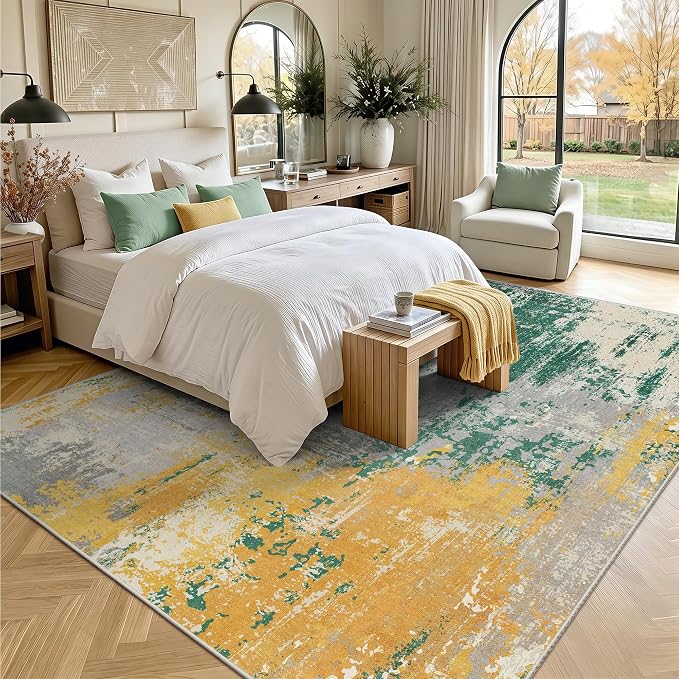 8x10 Rugs for Living Room - Modern Abstract Washable Rug, Ultra Soft Non Slip Low Pile Large Rugs, Floor Carpet for Bedroom Dining Room Office Laundry Nursery Home（Oil Painting Colors）