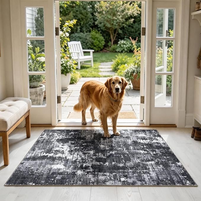 Sasttie 3x5 Entryway Area Rug, Modern Abstract Small Carpet, Black & White | Machine Washable, Ultra-Soft Faux Wool, Non-Slip, Low Pile, Throw, Thin, for Entrance, Door-Mat, High-Traffic Areas