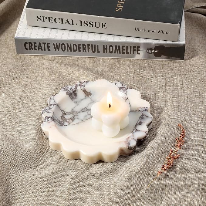 Koville 5.51" Scalloped Calacatta Viola Marble Tray, Round Stone Jewelry Trinket Dish for Ring, Natural Small Marble Tray for Bathroom Kitchen Dresser Countertop, Decorative Candle Tray