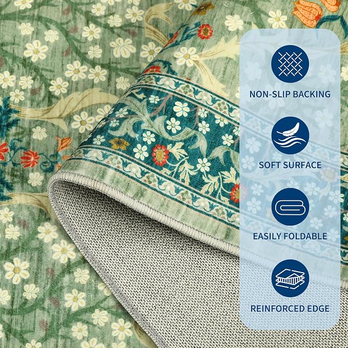 GarveeHome Sage Green Floral 5x7 Washable Area Rug for Living Room Bedroom | Vintage Low-Pile Non-Slip Carpet Soft Stain Resistant Rugs for Large Room Botanical Boho Rug TPE Backing