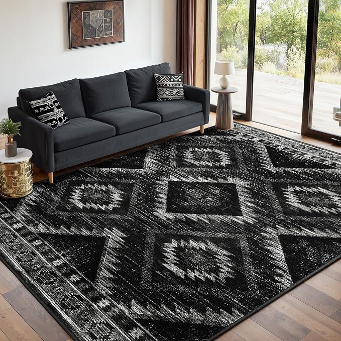 5'x8' Washable Area Rug for Living Room Bedroom Black | Soft Western No Slip Low Pile Print Foldable Indoor for Kitchen Dining Room