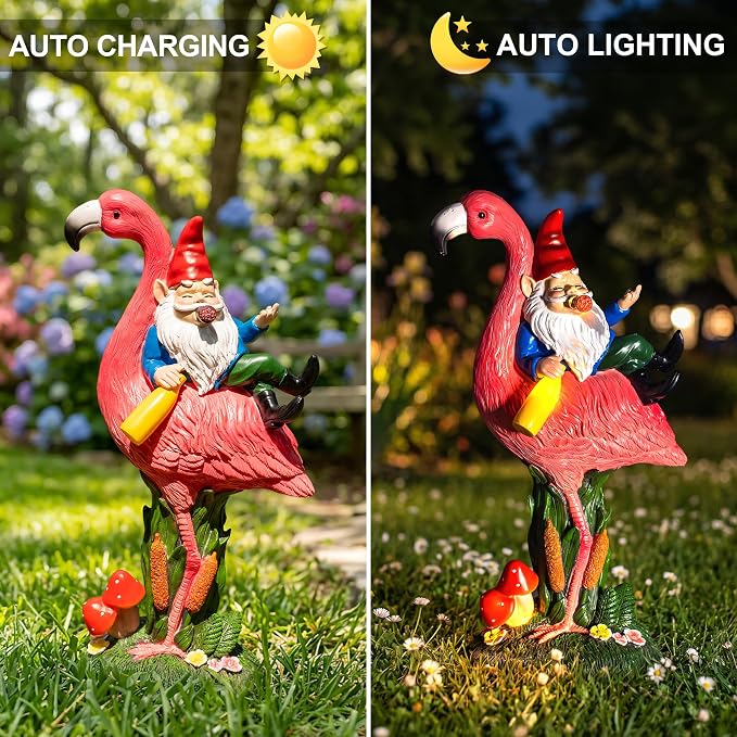 Candieslife Middle Finger Gnome Riding Flamingo 13in, Funny Garden Statue Solar Powered Outdoor Yard Decor with LED Beer Bottle & Mushrooms, Waterproof Naughty Lawn Ornament Gag Gift for Patio, Porch