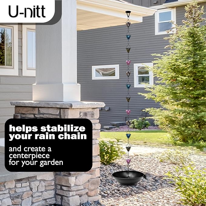 U-nitt 10" Spill Bowl Downspout Catch Basin for Rain Chain Anchoring & Stake | Rainwater Collection for Roof | Gutter Catch Basin | Good for Water Fountain & Birdbath | Black | Handles Heavy Rain