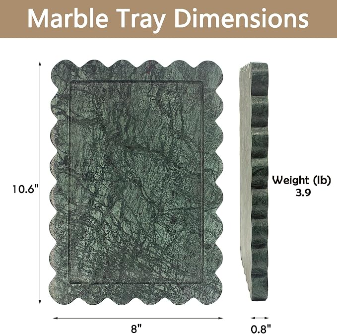 YMXYJM Genuine Indian Green Scalloped Marble Tray, Real Natural Marble Stone Trays, Luxury Decorative Trays for Bathroom, Dresser, Vanity, Home Decor, 10.6" x 8", Dark Emerald Green