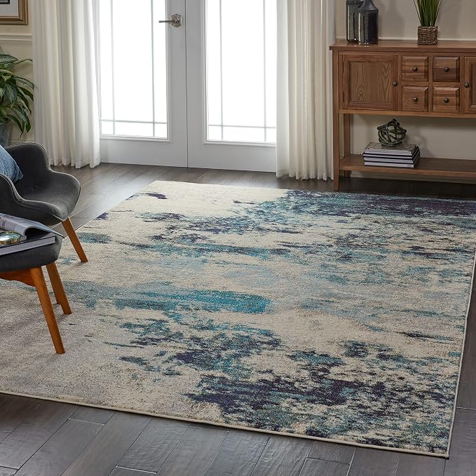 Nourison Home Celestial Ivory Teal Blue 6'7" x 9'7" Area Rug - Easy Clean, Non Shedding, Bed Room, Living Room, Dining Room, Kitchen (7' x 10')