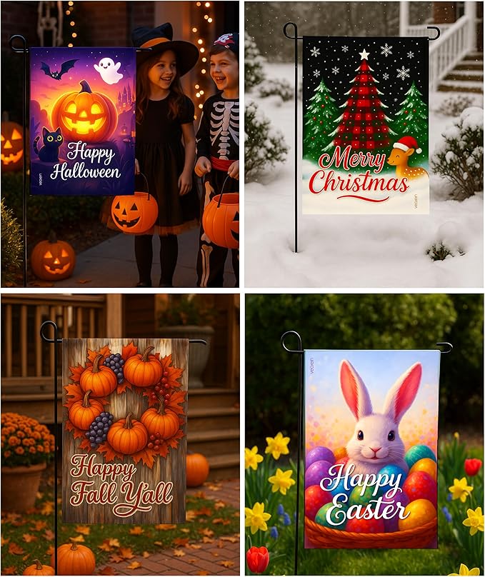Premium 12 Pack Seasonal Garden Flags Set 12x18 Inch Double Sided, Burlap Outdoor Yard Flags for Spring, Summer, Fall, Winter, Easter, Mother’s Day, Valentine’s, St. Patrick’s, 4th of July, Halloween, Thanksgiving, Christmas