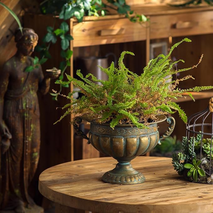 Vintage Urn Planter with Embossed Pattern, Decorative Flower Pot, Classic Round Plant Pot, European Shabby Chic Centerpiece for Mantel, Table, Entryway or Living Room Decor- Gold（13.6 * 11.9 * 8.5 in）