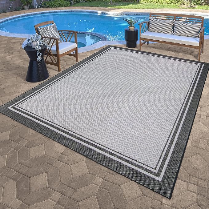 Gertmenian Indoor/Outdoor Flatweave Area Rug - 8x10 Large, Stain & UV Resistant, Ideal For Deck, Patio, Poolside, Mudroom - Border, White & Black, 23018