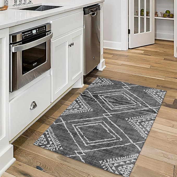 Machine Washable Area Rug - Living Room Bedroom Bathroom Kitchen Entryway Office - Non-Slip Crease Free Stain Resistant Premium - Moroccan Diamond Tribal- Jax - Gray- 2'x 3'