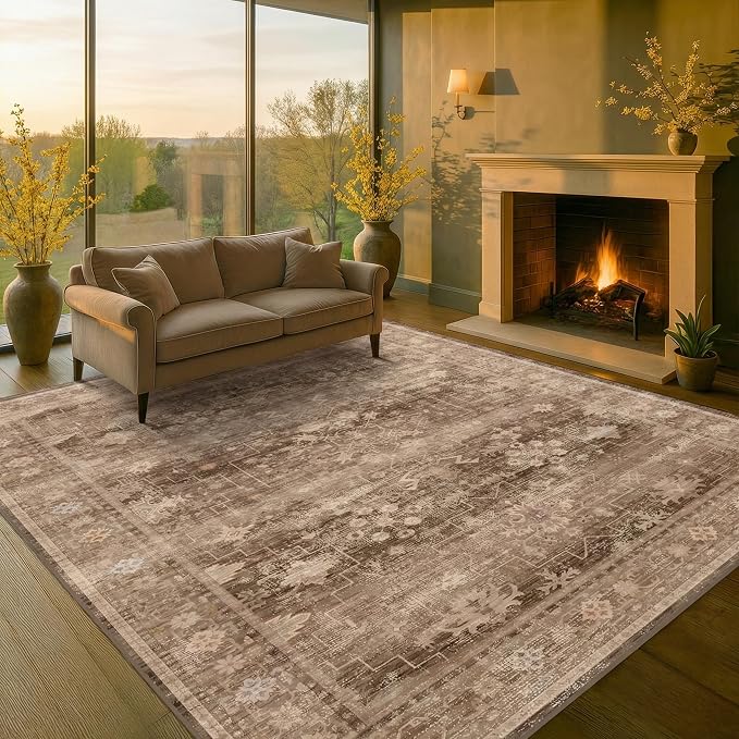 Boho Brown Living Room Rug 6x8 - Modern Vintage Traditional Oriental Taupe Neutral, Washable Low Pile Non-Slip Extra Large Area Rugs for Dining Under Table Bedroom Lounge