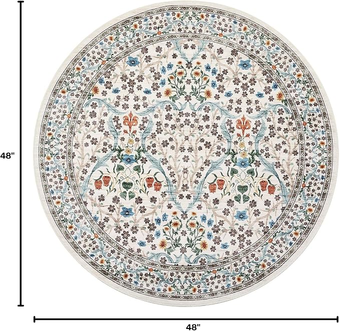 GarveeHome Beige Ivory Floral 4 ft Round Rug Washable Non-Slip Soft Low Pile Small Circle Carpet Vintage Rugs for Kitchen Bedroom Nursery Dining Living Room