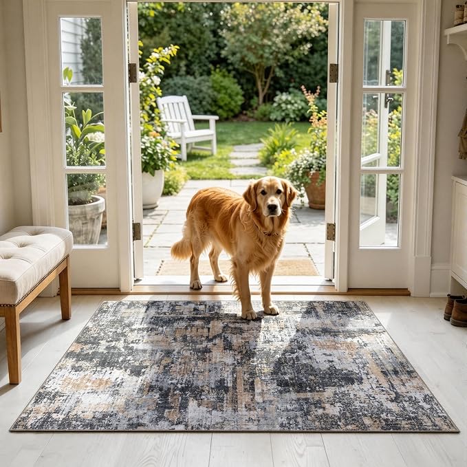 Sasttie 3x5 Entryway Area Rug, Modern Abstract Small Carpet, Black & Cream | Machine Washable, Ultra-Soft Faux Wool, Non-Slip, Low Pile, Throw, Thin, for Entrance, Door-Mat, High-Traffic Areas