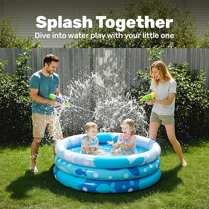 Sloosh Inflatable Kiddie Pool, 34"x10" Blow Up Kid Swimming Pool,3 Rings Blue Baby Pool for Toddler,Play Pit for Dog with Geometric Pattern for Summer Water Party Backyard Garden(Fish)
