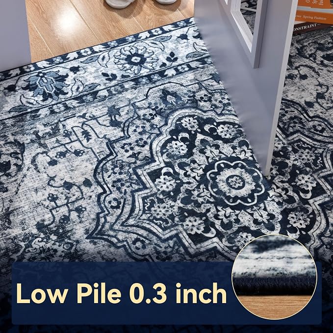YJ.GWL Area Rugs for Living Room 5x7 Machine Washable Rugs, Non Slip Floral Vintage Rug Indoor Carpet, Stain Resistant Large Rug for Bedroom Dining Room, Navy Blue